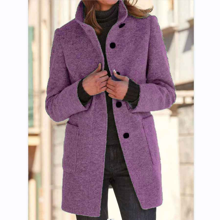 Manteau en laine à col montant avec poches, automne-hiver pour femmes