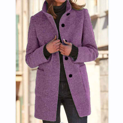 Manteau en laine à col montant avec poches, automne-hiver pour femmes
