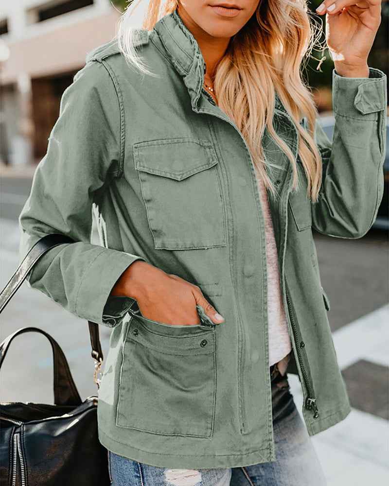 Veste décontractée pour femme à fermeture éclair, col à revers
