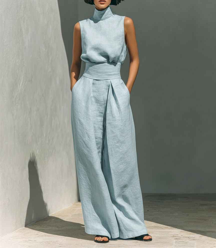 Casual Sleeveless Suit Summer Stand-up Collar Pullover Top And Loose Straight-leg Trousers Women's Clothing