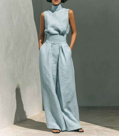 Casual Sleeveless Suit Summer Stand-up Collar Pullover Top And Loose Straight-leg Trousers Women's Clothing
