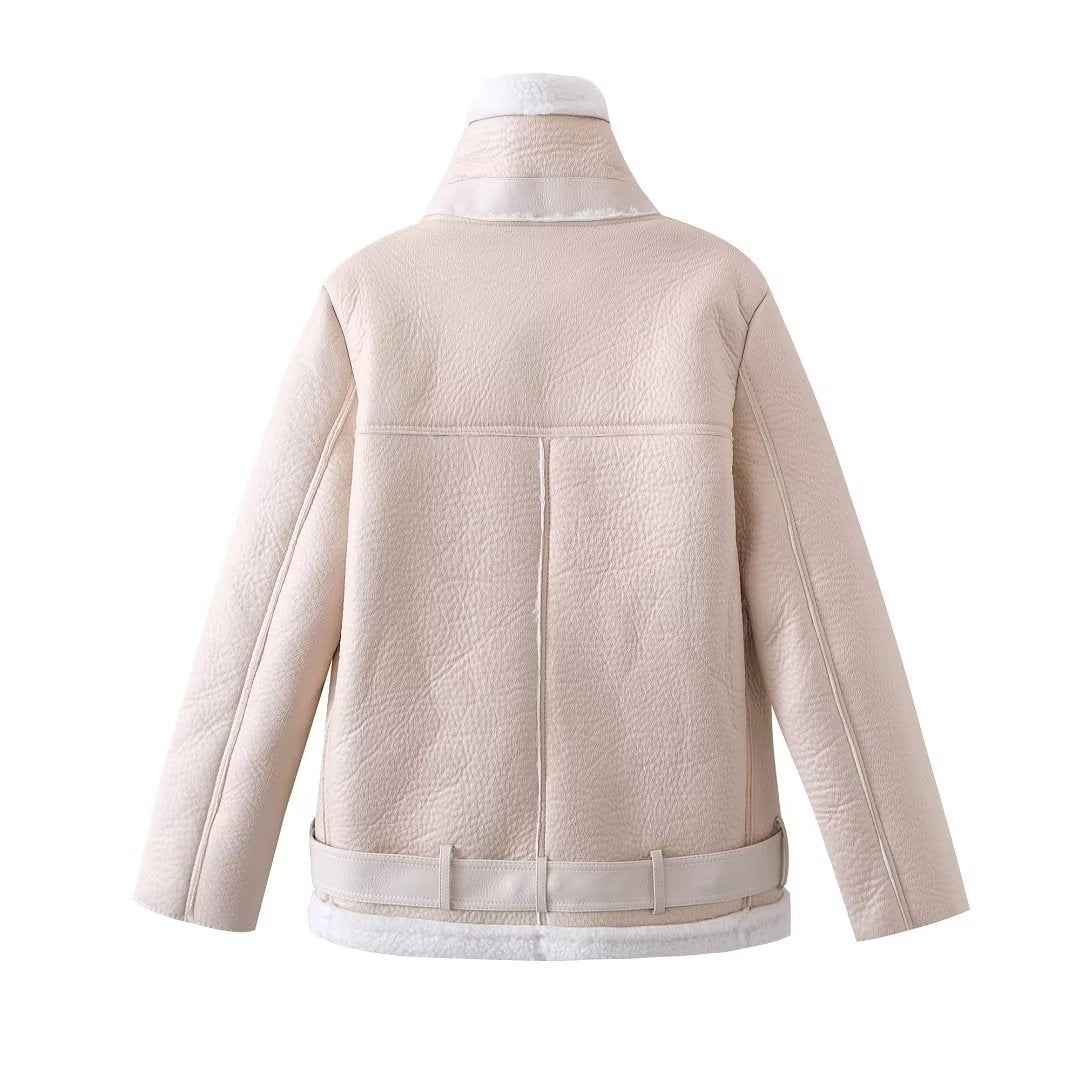 Veste Cuir PU en fourrure d'agneau intégrée