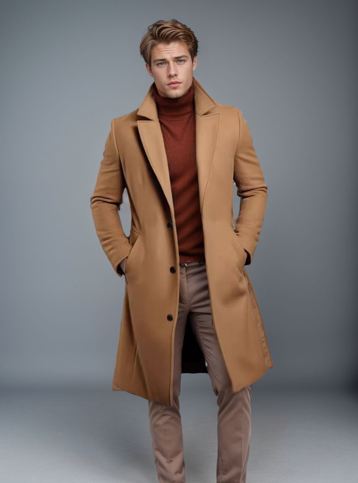 Manteau trench mi-long pour homme automne-hiver, coupe slim, poches, veste à col simple boutonnage, décontractée, business, confortable
