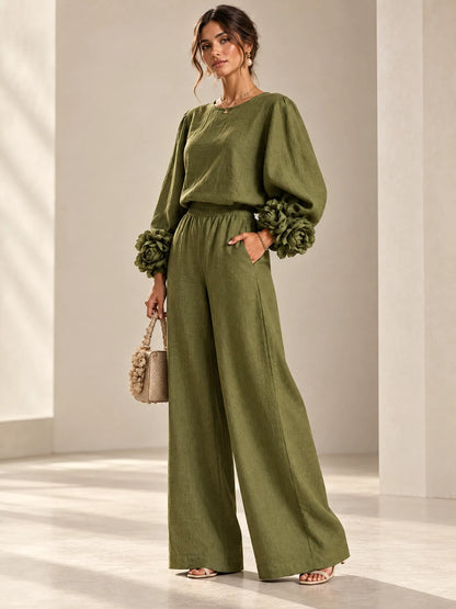 Ensemble haut à manches bouffantes à motif floral et pantalon large