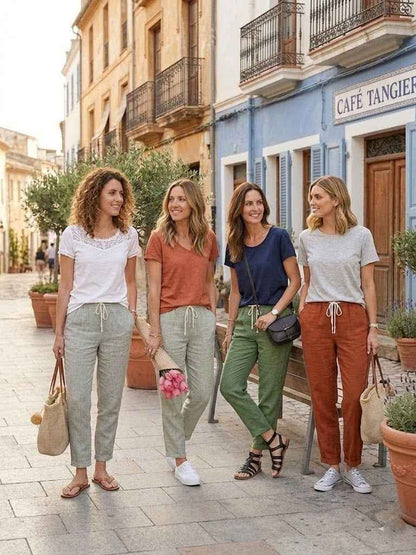 pantalon en coton et lin à taille élastique