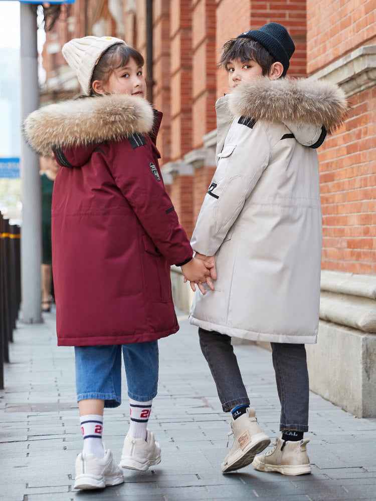 Doudoune pour enfants Garçons mi-longue épaissie Manteau à col en fourrure