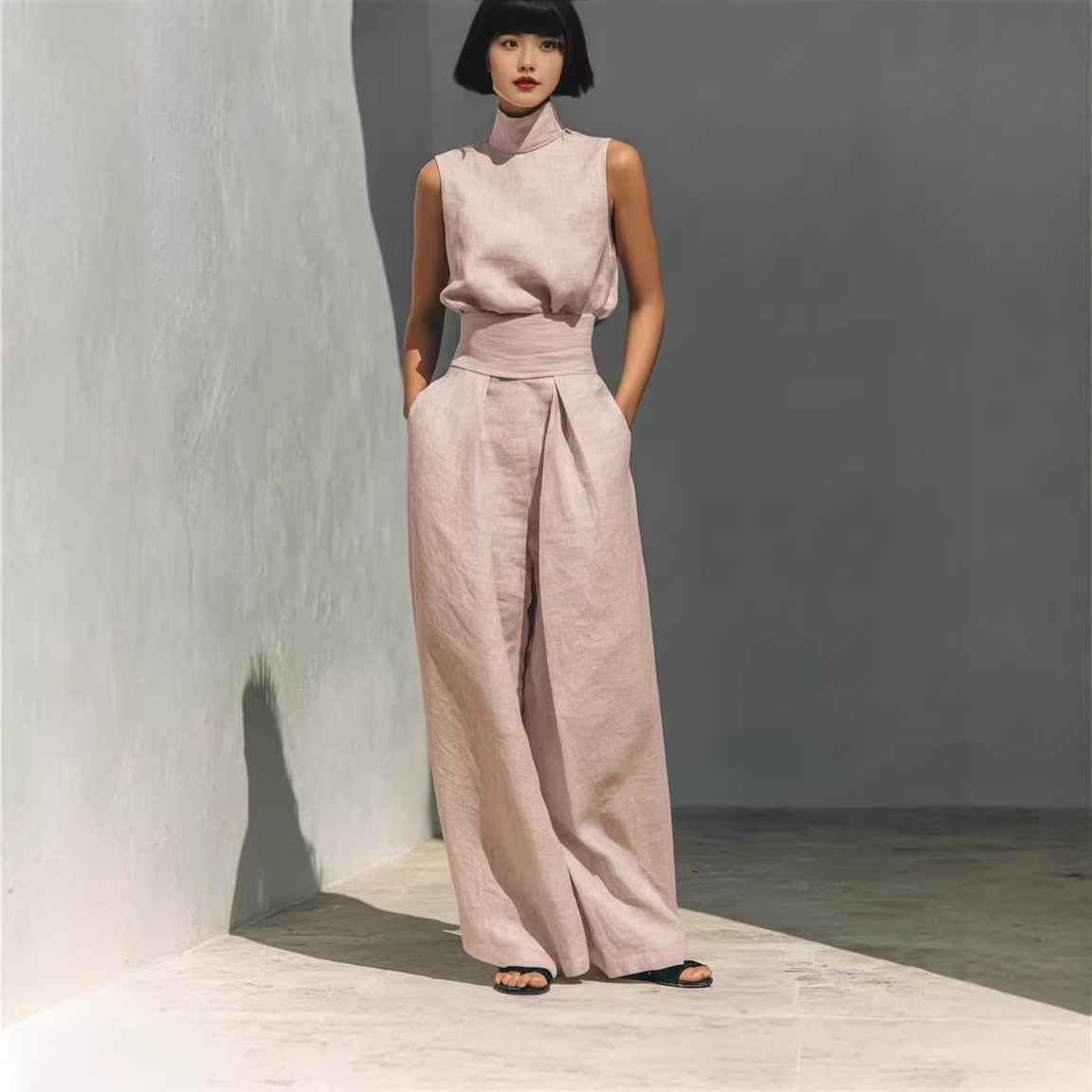 Casual Sleeveless Suit Summer Stand-up Collar Pullover Top And Loose Straight-leg Trousers Women's Clothing