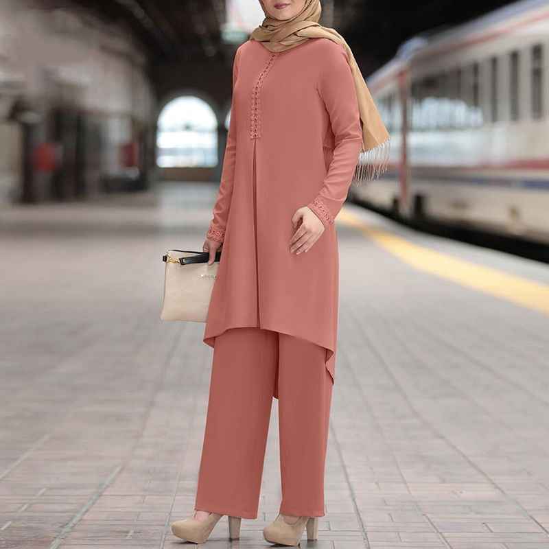 Ensemble Hijab composé d'un haut à manches longues en dentelle et pantalon