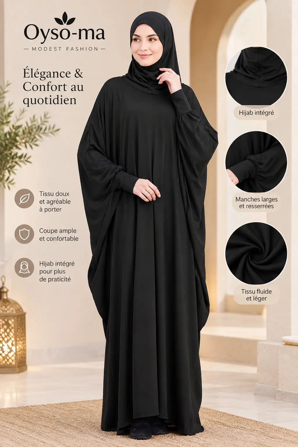 Robe Hijab à manches chauve-souris unie avec pochette