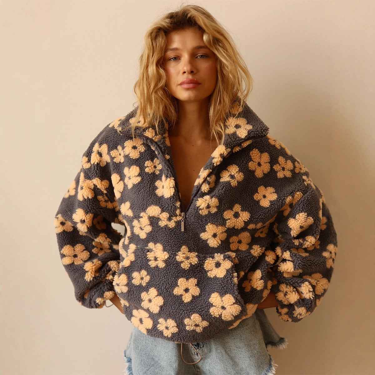 Sweatshirt en polaire avec fleurs d'hiver, style décontracté, pour femmes
