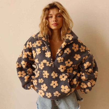Sweatshirt en polaire avec fleurs d'hiver, style décontracté, pour femmes