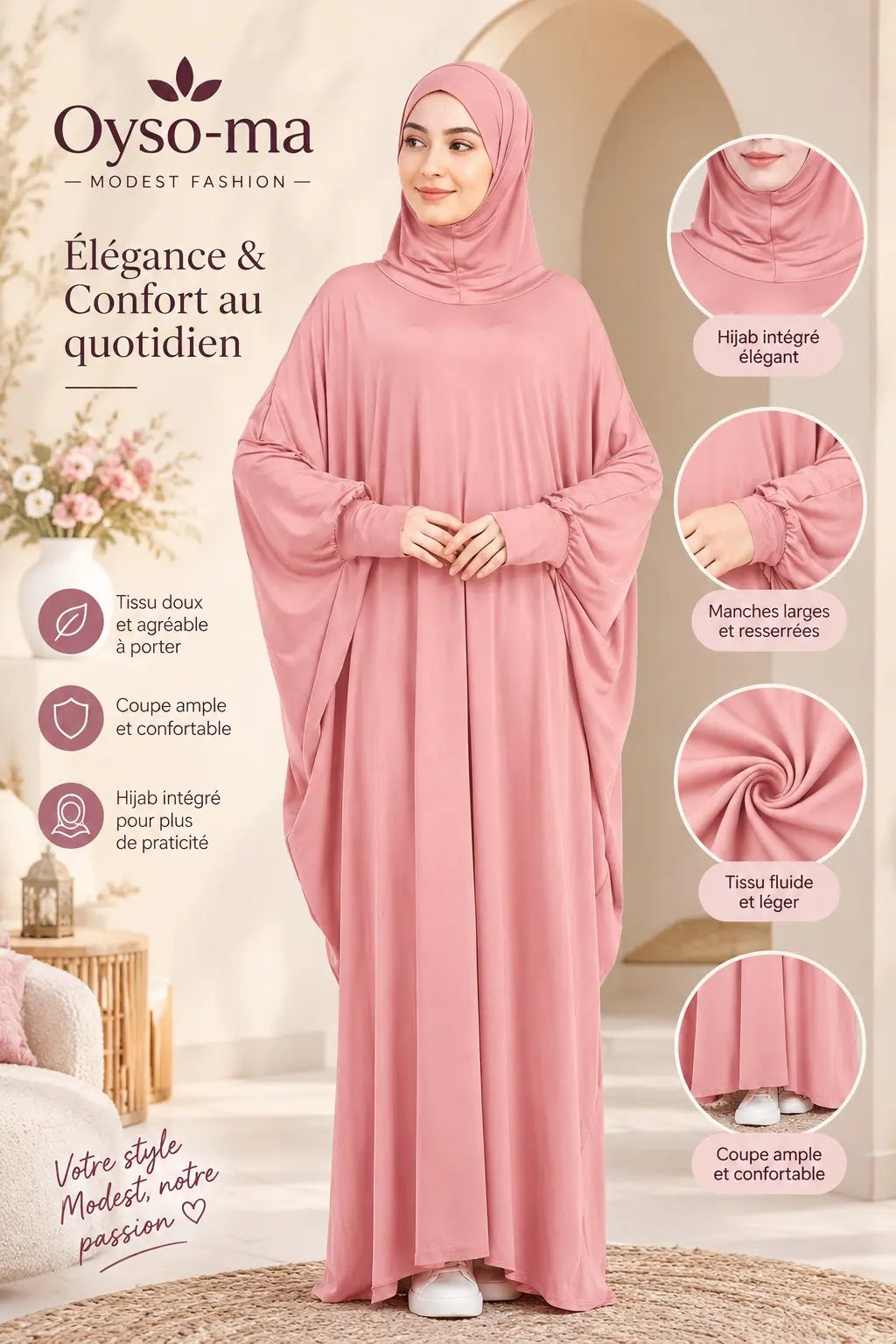 Robe Hijab à manches chauve-souris unie avec pochette