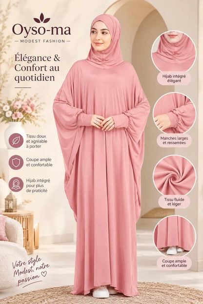 Robe Hijab à manches chauve-souris unie avec pochette