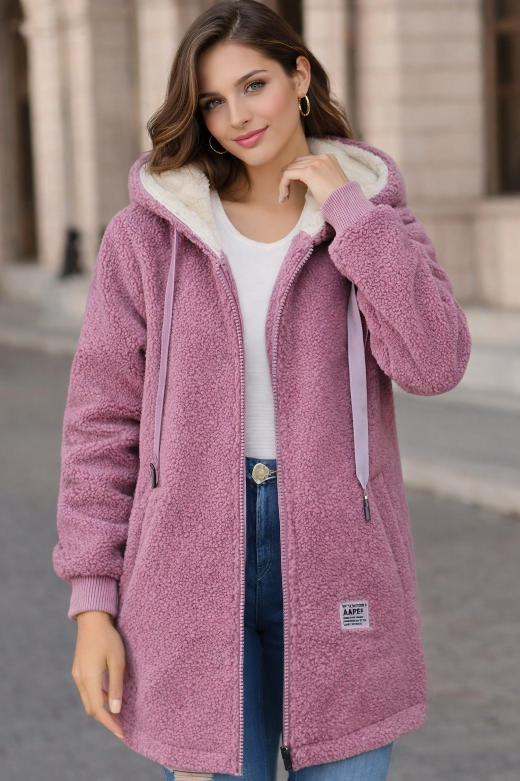 Chaqueta con capucha de forro polar informal para mujer