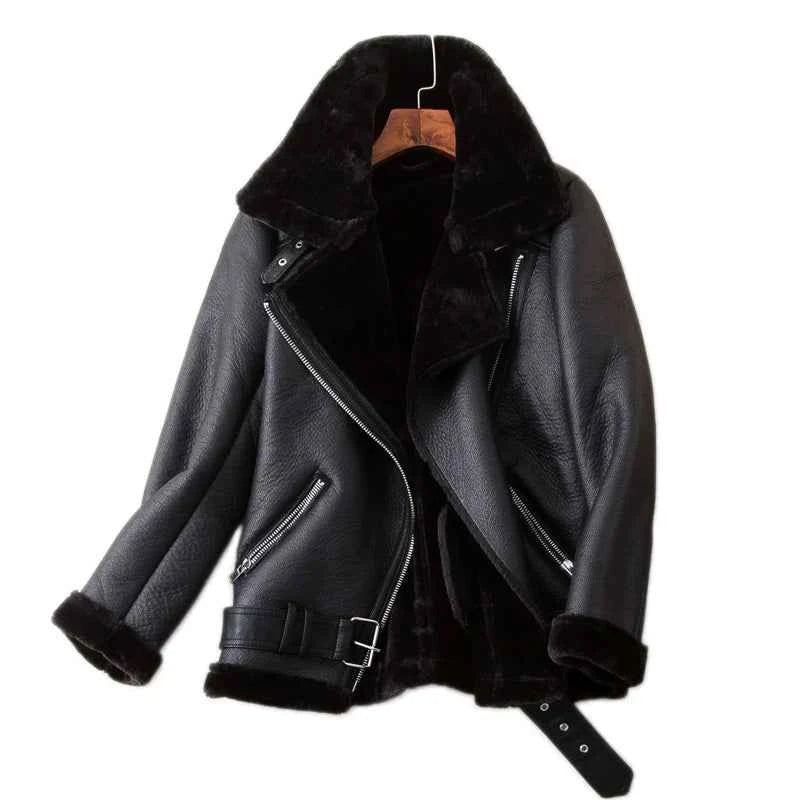 Veste Cuir PU en fourrure d'agneau intégrée