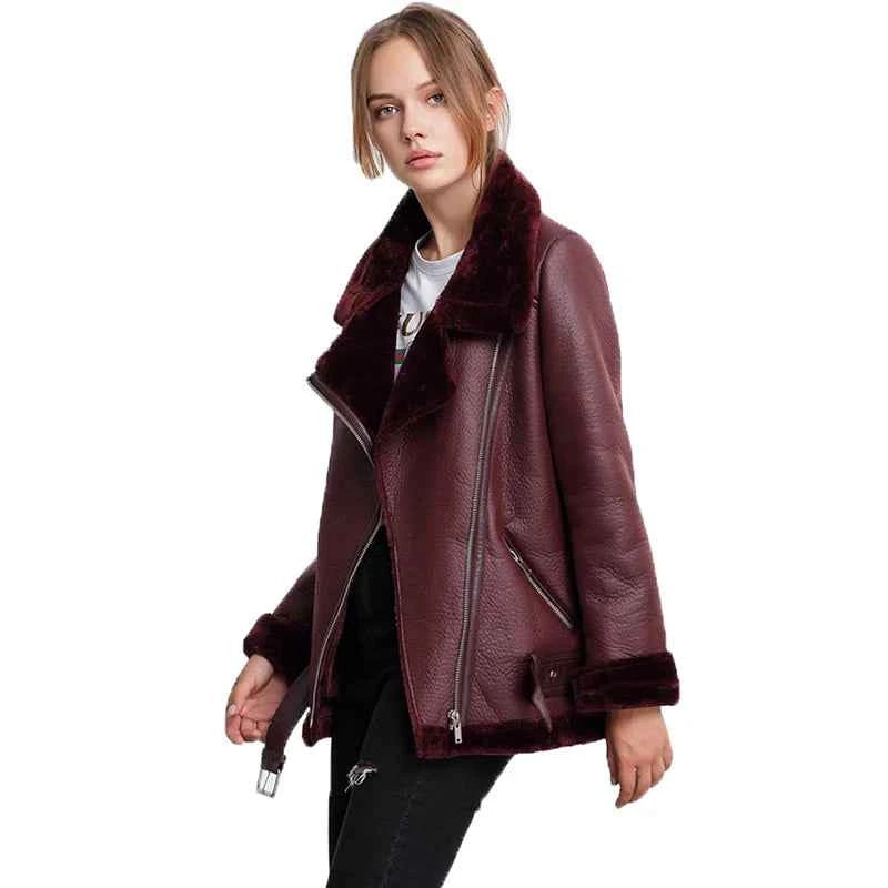 Veste Cuir PU en fourrure d'agneau intégrée