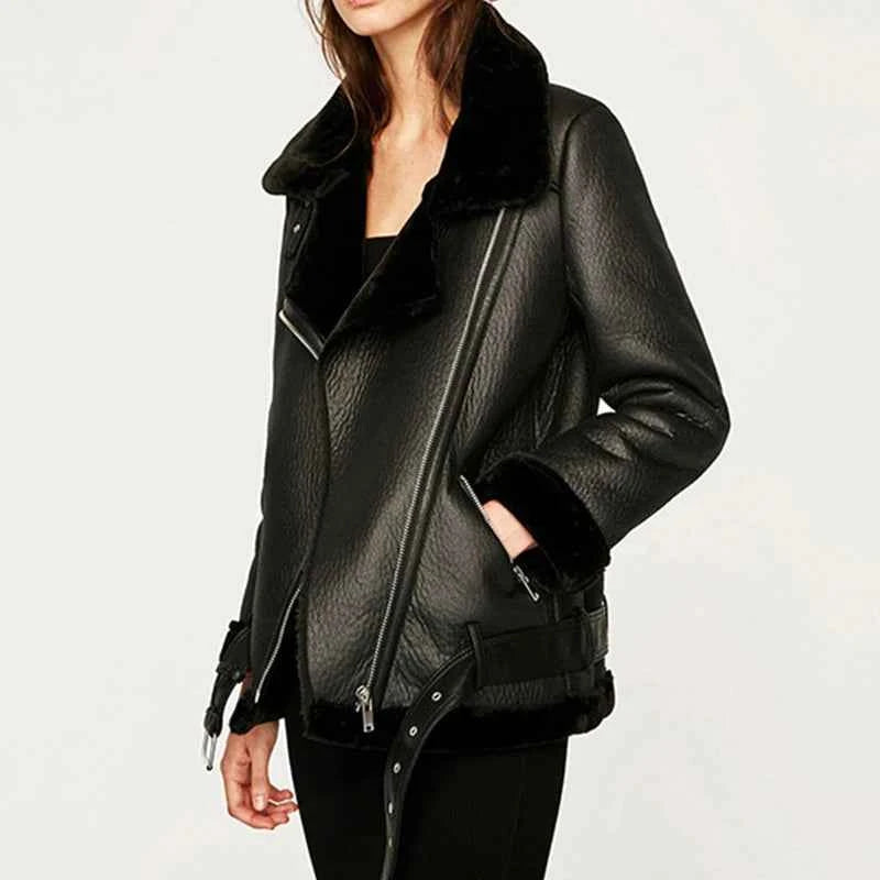 Veste Cuir PU en fourrure d'agneau intégrée