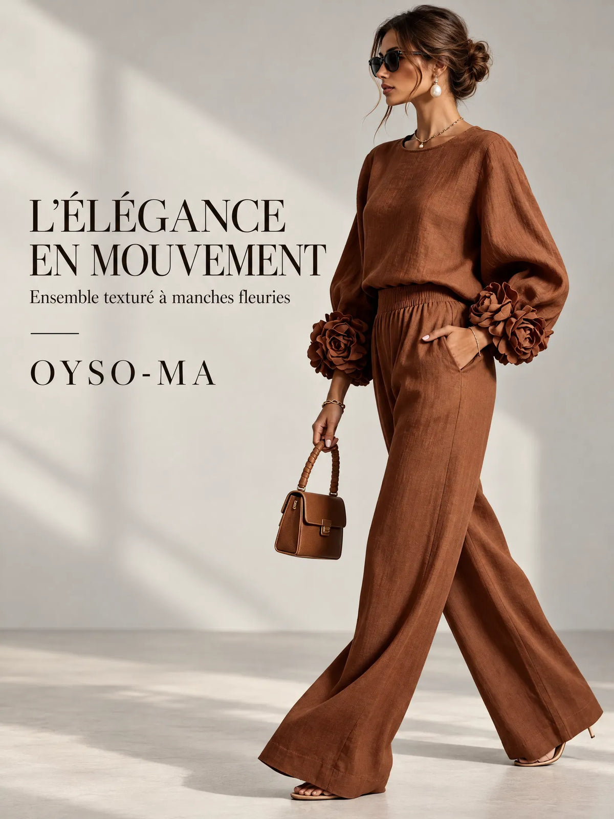Ensemble haut à manches bouffantes à motif floral et pantalon large