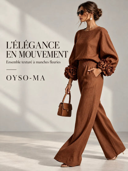 Ensemble haut à manches bouffantes à motif floral et pantalon large