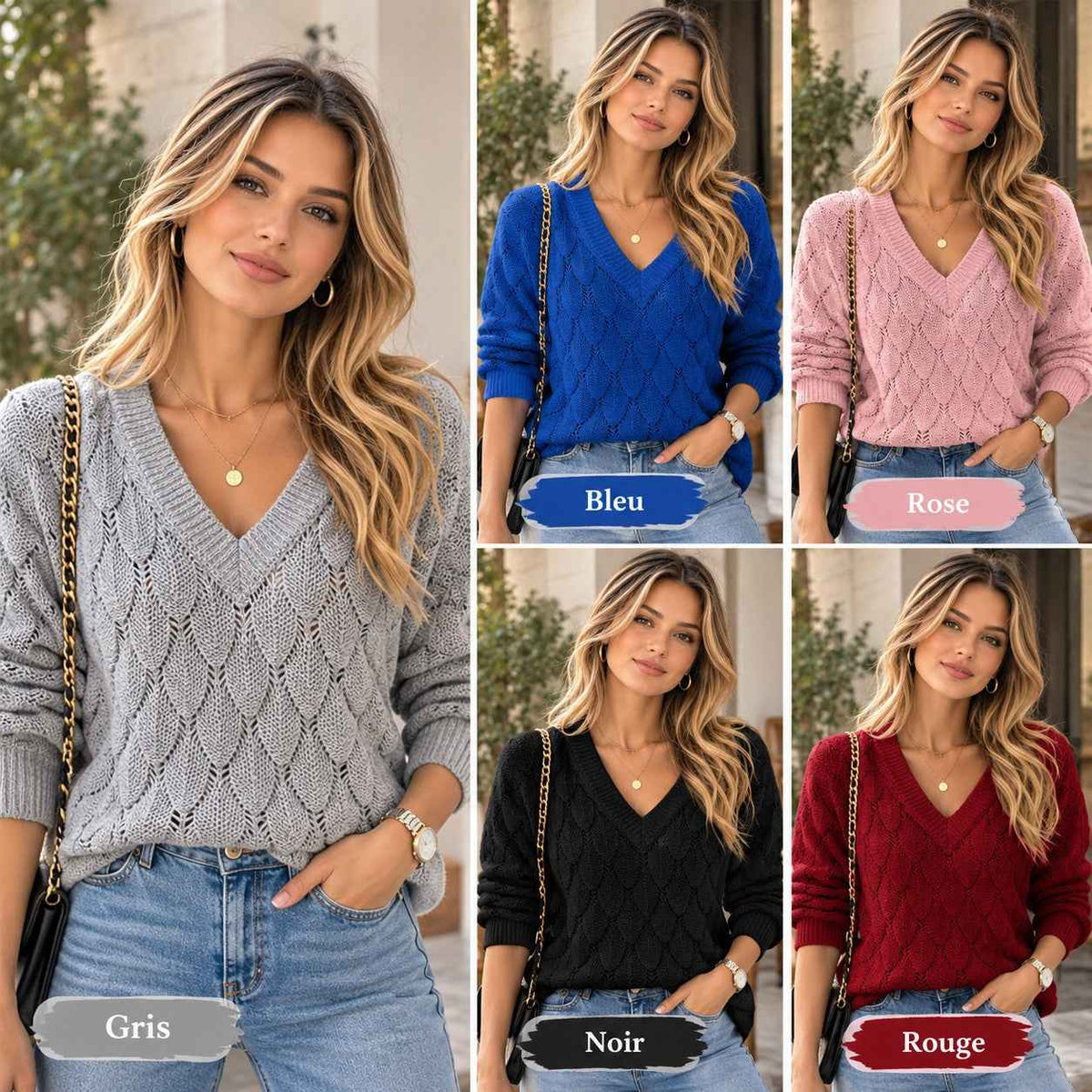 Pull en tricot Ins Feather Hollow à col en V pour femme