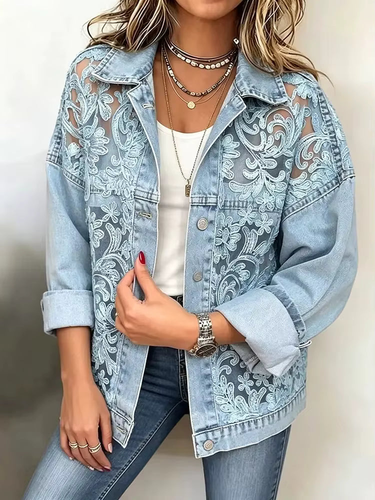 Veste en jean décontractée et stylée avec panneaux en dentelle