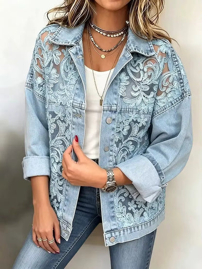 Veste en jean décontractée et stylée avec panneaux en dentelle