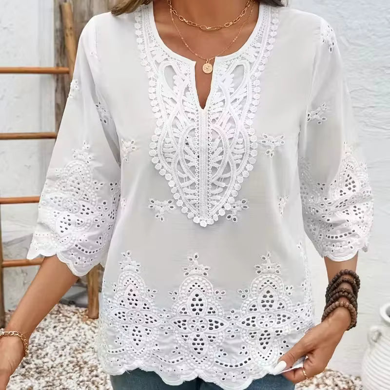 Chemise nouvelle arrivée à col en V bordé de dentelle