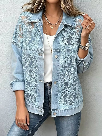 Veste en jean décontractée et stylée avec panneaux en dentelle