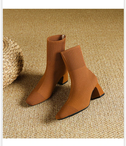 Chunky heel knit ankle boots