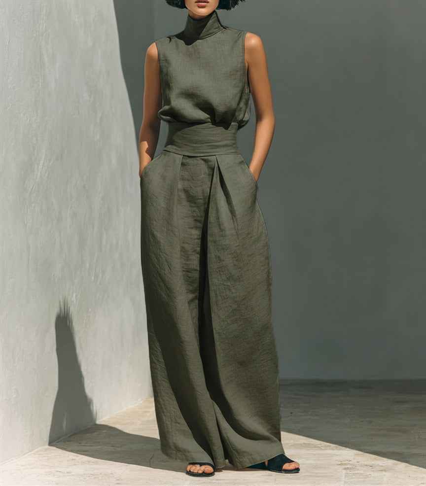 Casual Sleeveless Suit Summer Stand-up Collar Pullover Top And Loose Straight-leg Trousers Women's Clothing