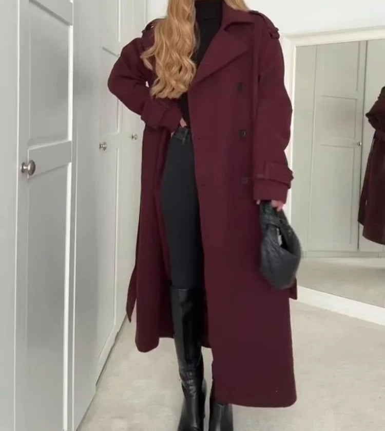 Manteau en laine à revers avec ceinture , trench long croisé