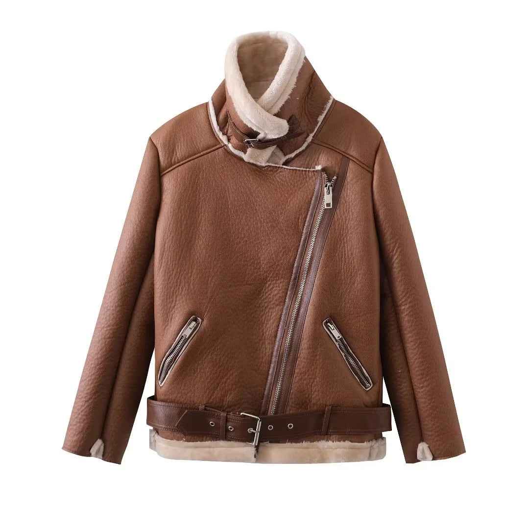 Veste Cuir PU en fourrure d'agneau intégrée