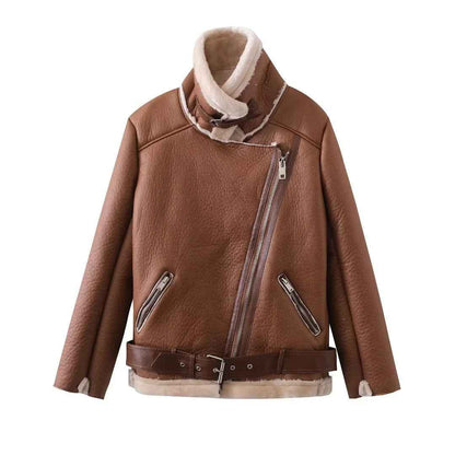 Veste Cuir PU en fourrure d'agneau intégrée