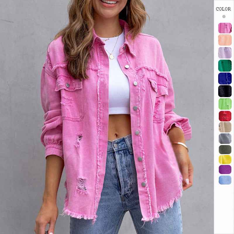 Veste Chemise Déchirée Automne et Printemps Hauts Décontractés pour Femmes
