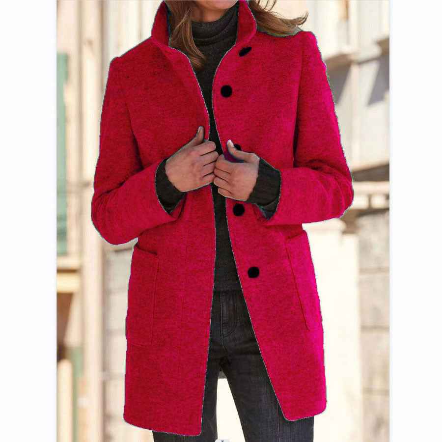 Manteau en laine à col montant avec poches, automne-hiver pour femmes