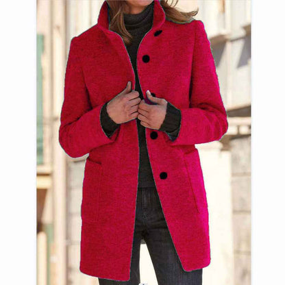 Manteau en laine à col montant avec poches, automne-hiver pour femmes