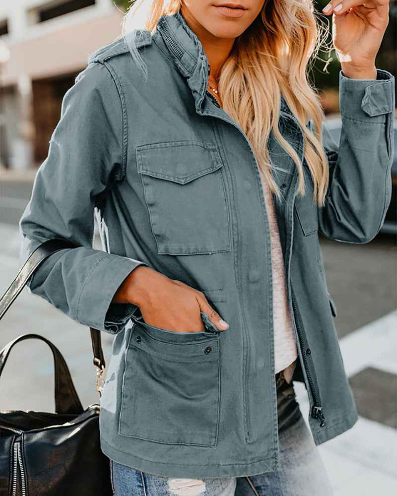 Veste décontractée pour femme à fermeture éclair, col à revers