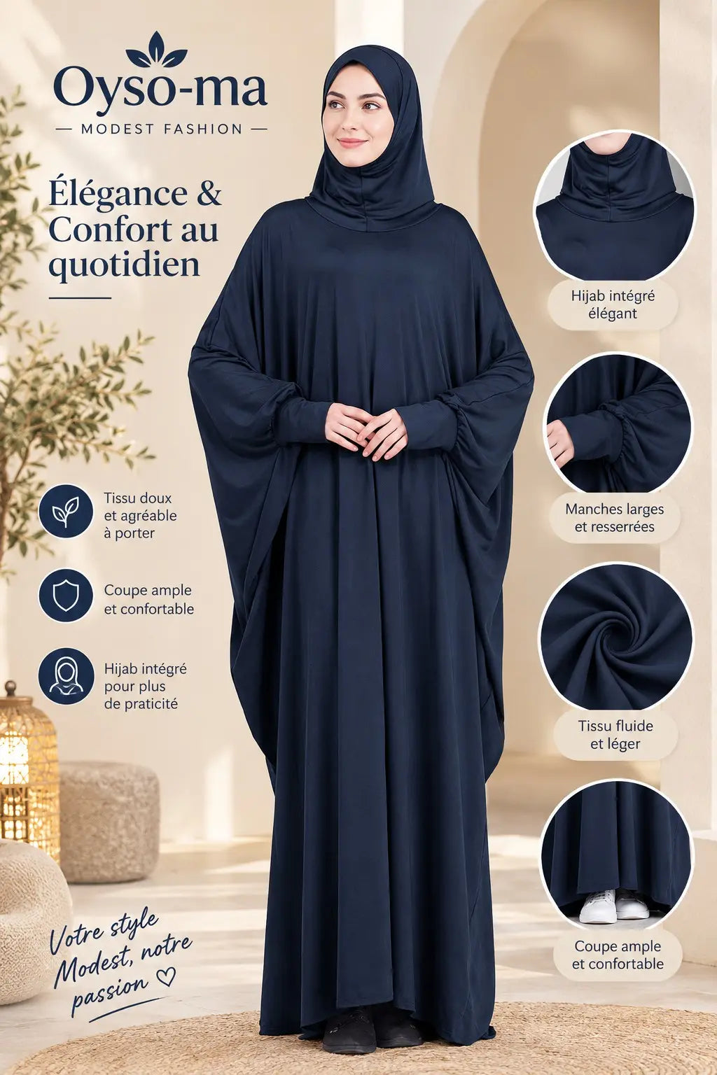 Robe Hijab à manches chauve-souris unie avec pochette