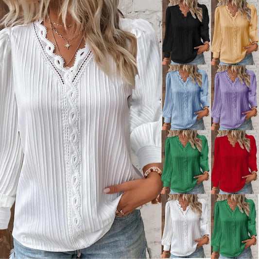 Chemise à manches longues avec col en V en dentelle