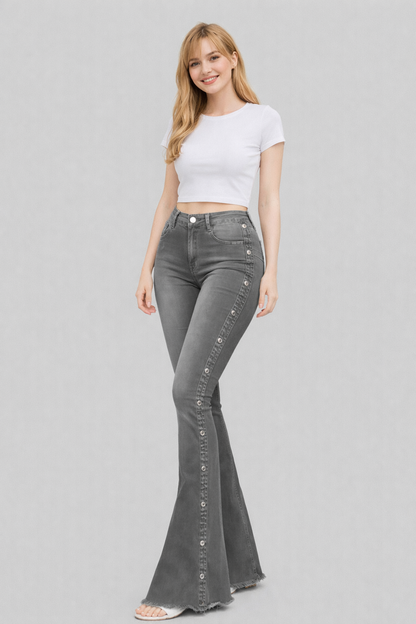 flared and stretch denim trousers