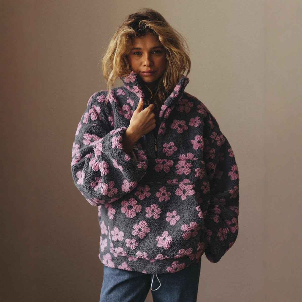 Sweatshirt en polaire avec fleurs d'hiver, style décontracté, pour femmes