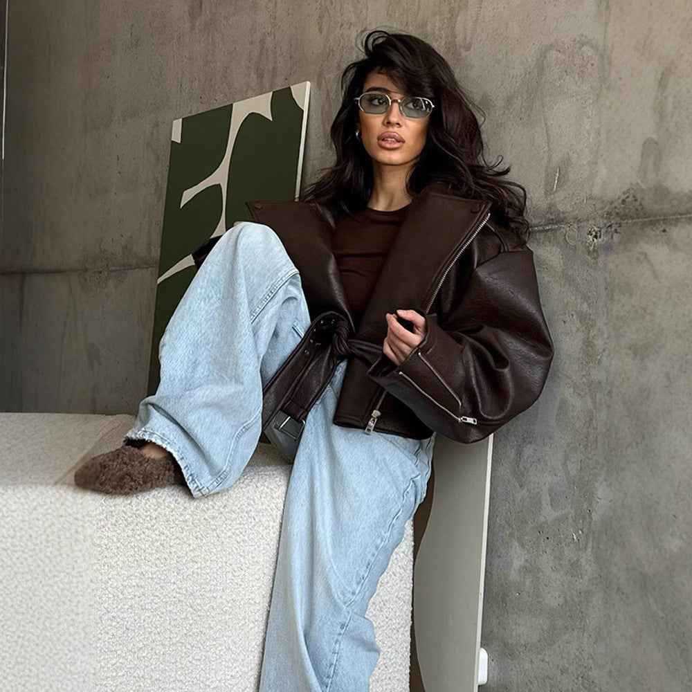 Manteau en cuir à lacets court pour femme au tempérament