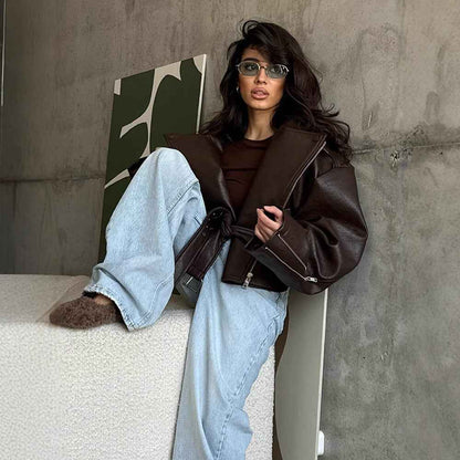 Manteau en cuir à lacets court pour femme au tempérament