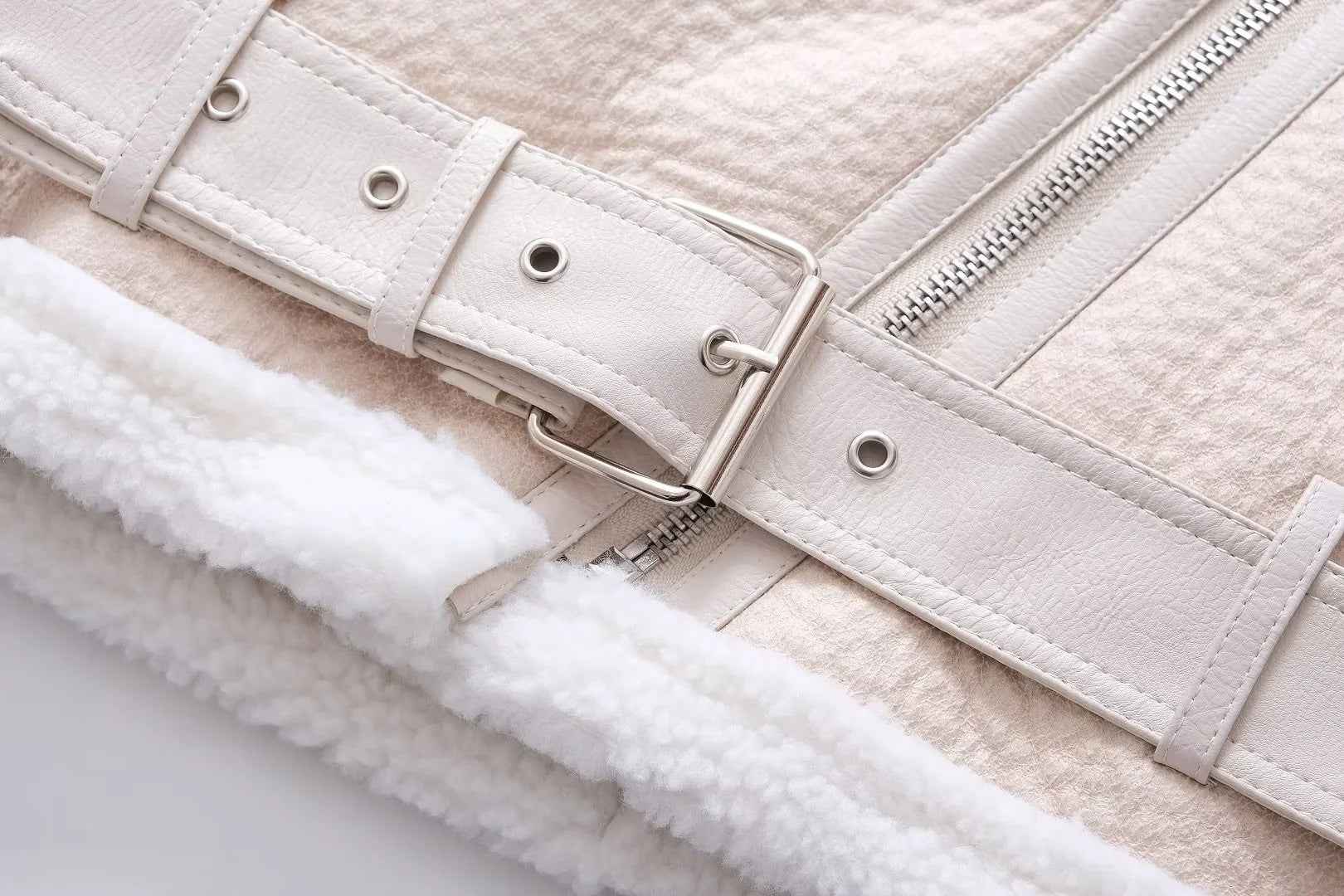 Veste Cuir PU en fourrure d'agneau intégrée