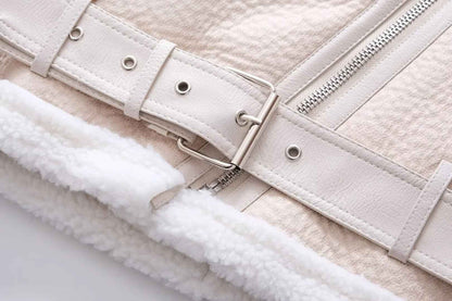 Veste Cuir PU en fourrure d'agneau intégrée
