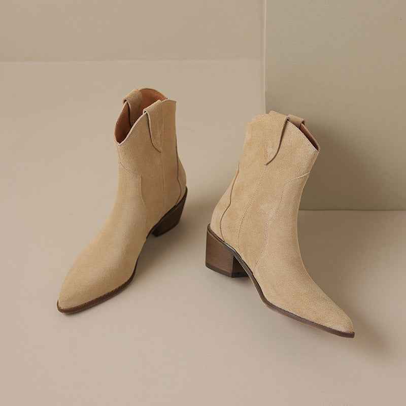 Bottines à talon moyen épais en cuir mat à la mode