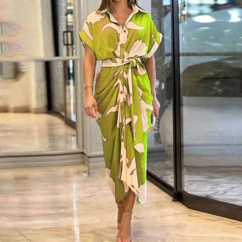 Robe blouse imprimé pour femmes avec col à revers, manches courtes et taille haute