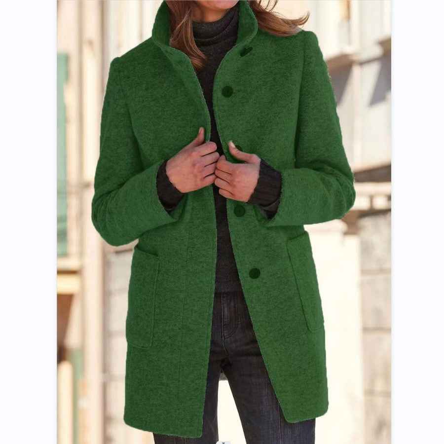 Manteau en laine à col montant avec poches, automne-hiver pour femmes