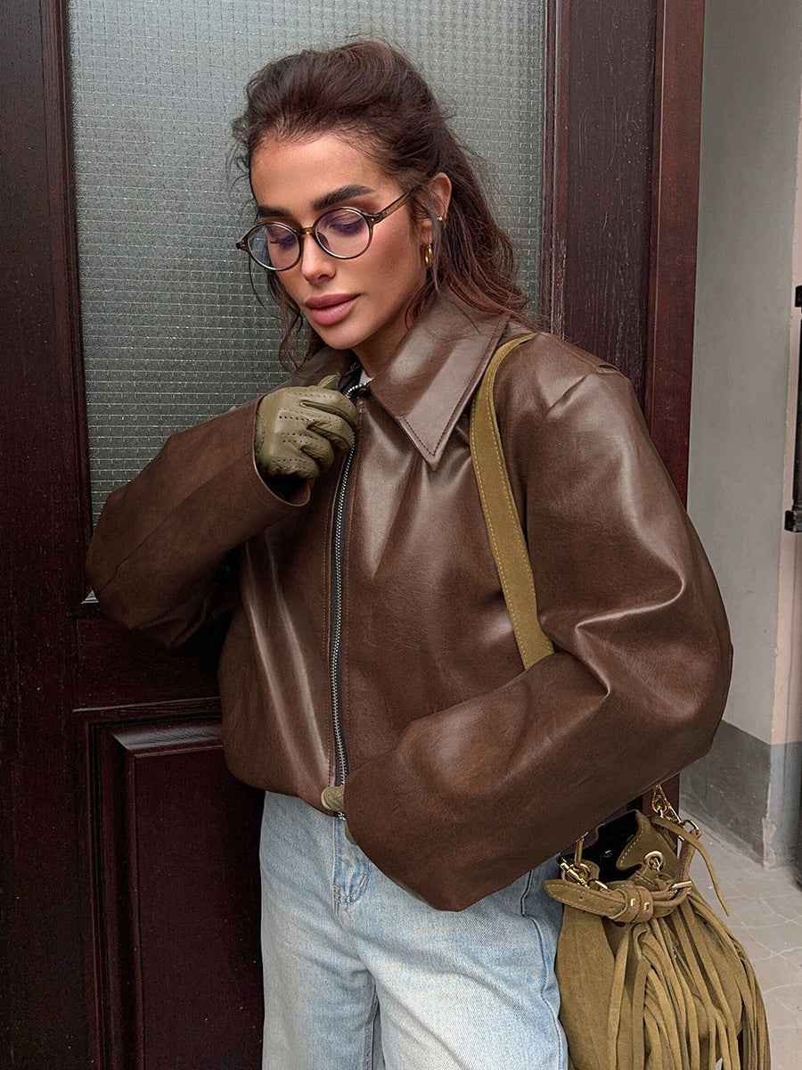 Veste élégante en cuir mate de style motard rétro