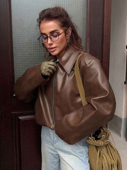 Veste élégante en cuir mate de style motard rétro